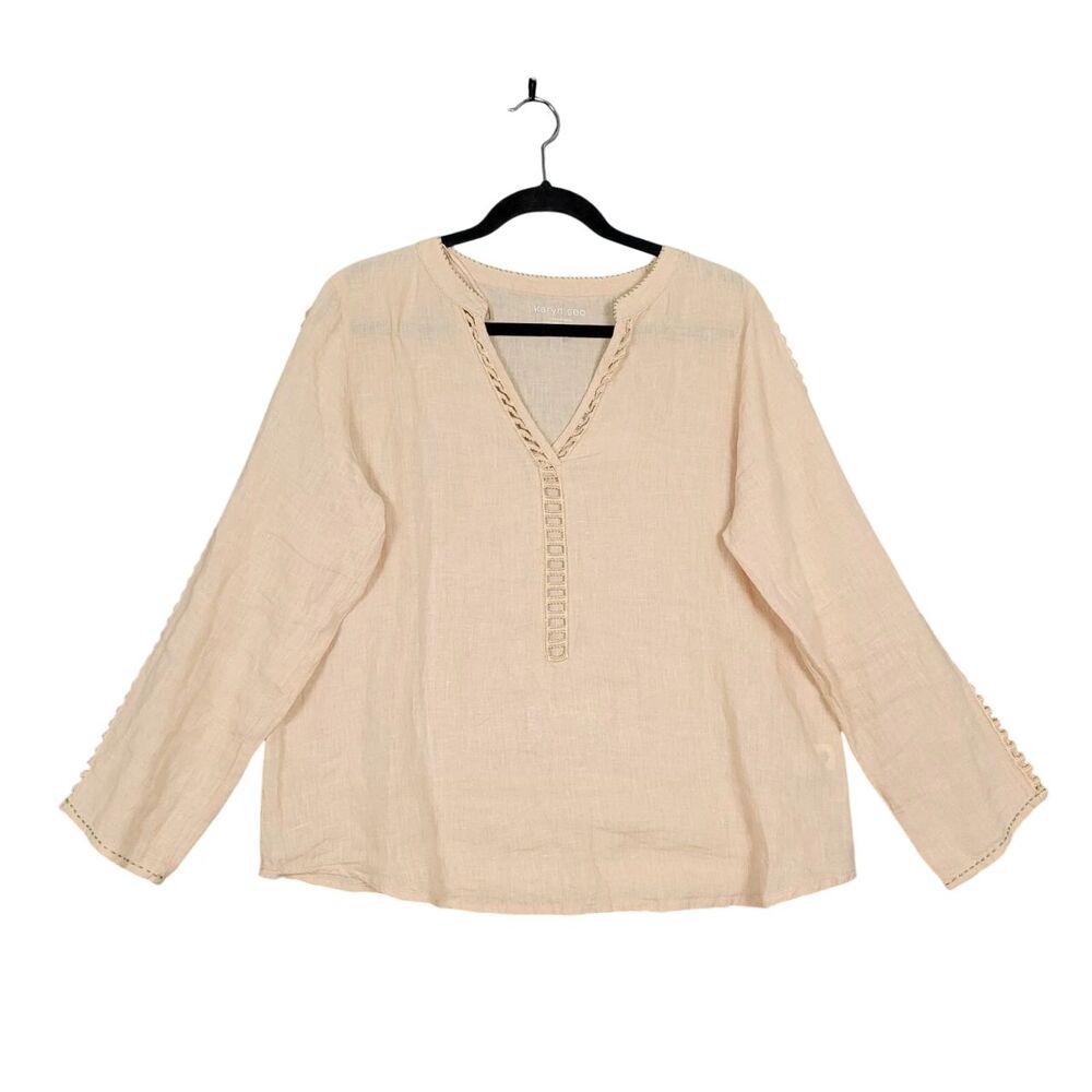 KARYN SEO Pink 100% Linen Embroidered Boho Lagenlook Popover Top SIZE MEDIUM